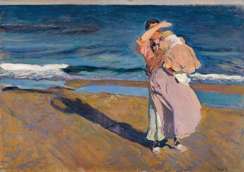 Fisherwomen with her son White Modern Wood Framed Art Print with Double Matting by Sorolla, Joaquin