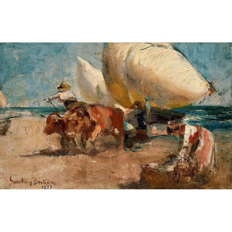 Beach scene White Modern Wood Framed Art Print by Sorolla, Joaquin