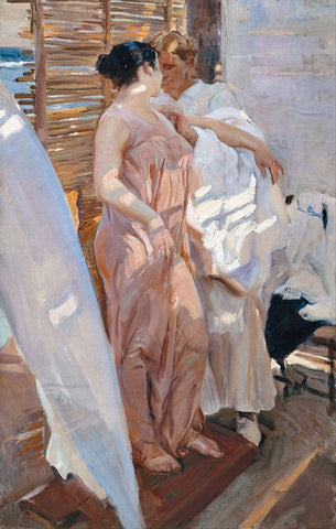 The Pink Robe After the Bath White Modern Wood Framed Art Print with Double Matting by Sorolla, Joaquin