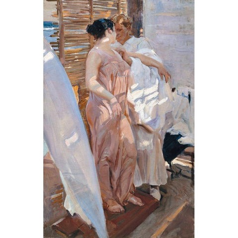 The Pink Robe After the Bath Gold Ornate Wood Framed Art Print with Double Matting by Sorolla, Joaquin