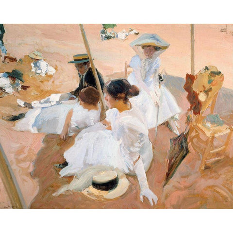 Under the awning-on the Beach at Zarauz Black Modern Wood Framed Art Print with Double Matting by Sorolla, Joaquin