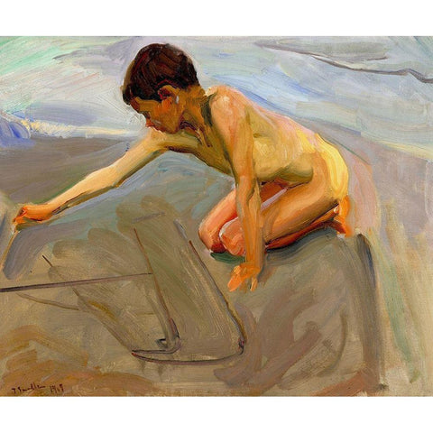 Drawing in the sand Black Modern Wood Framed Art Print with Double Matting by Sorolla, Joaquin