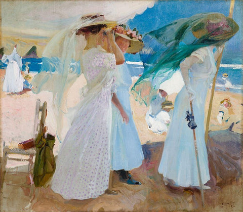 Under the Awning-Zarauz White Modern Wood Framed Art Print with Double Matting by Sorolla, Joaquin