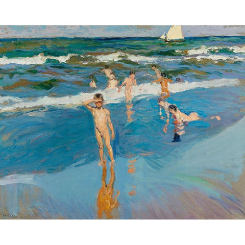 Children in the Sea-Valencia Beach Gold Ornate Wood Framed Art Print with Double Matting by Sorolla, Joaquin