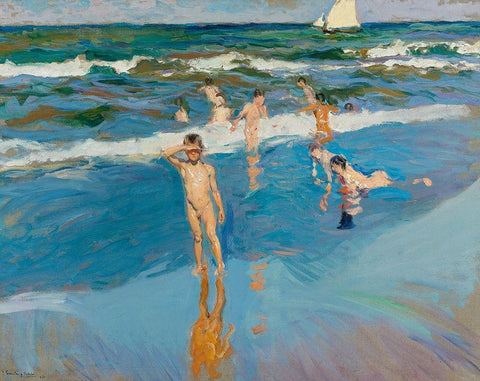 Children in the Sea-Valencia Beach White Modern Wood Framed Art Print with Double Matting by Sorolla, Joaquin