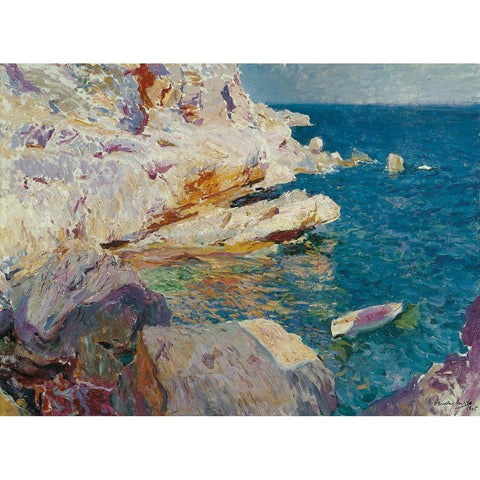 Rocks of Javea and the white boat Gold Ornate Wood Framed Art Print with Double Matting by Sorolla, Joaquin