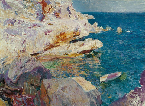 Rocks of Javea and the white boat White Modern Wood Framed Art Print with Double Matting by Sorolla, Joaquin