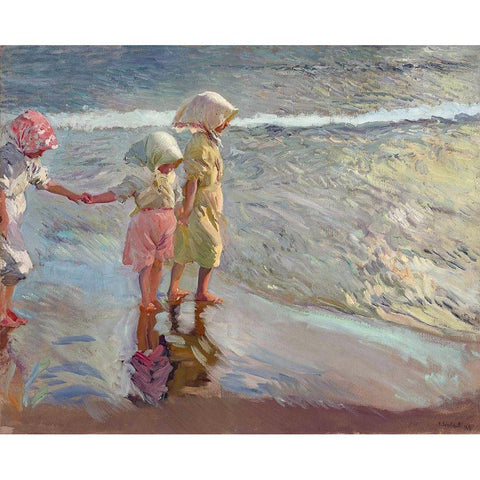 The three sisters on the beach Gold Ornate Wood Framed Art Print with Double Matting by Sorolla, Joaquin