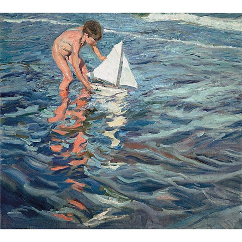 The Little Sailing Boat White Modern Wood Framed Art Print by Sorolla, Joaquin