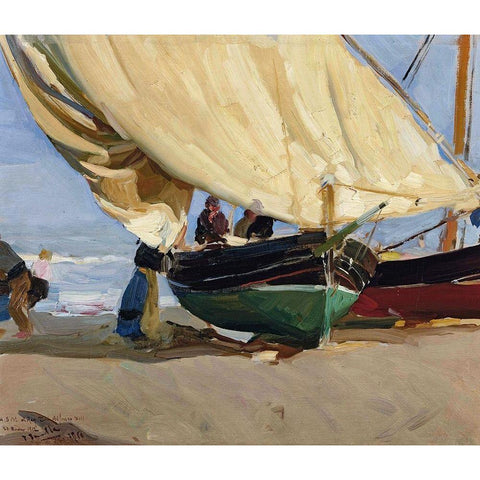 Fishermen and boats-Valencia Black Modern Wood Framed Art Print with Double Matting by Sorolla, Joaquin