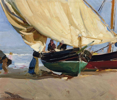 Fishermen and boats-Valencia White Modern Wood Framed Art Print with Double Matting by Sorolla, Joaquin