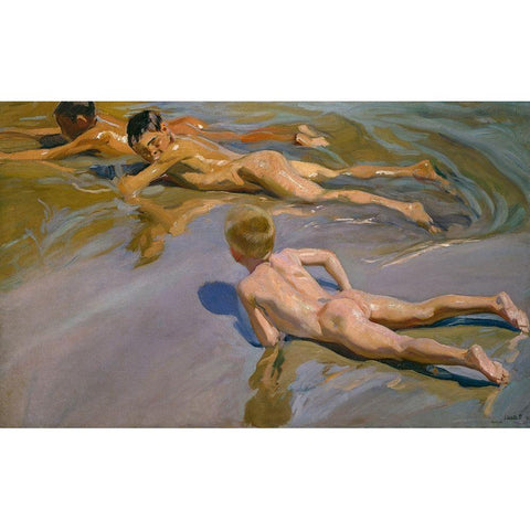 Boys On The Beach White Modern Wood Framed Art Print by Sorolla, Joaquin