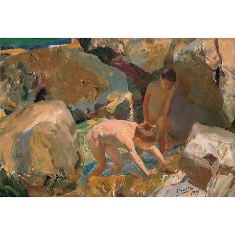 Children Looking For Shellfish White Modern Wood Framed Art Print by Sorolla, Joaquin