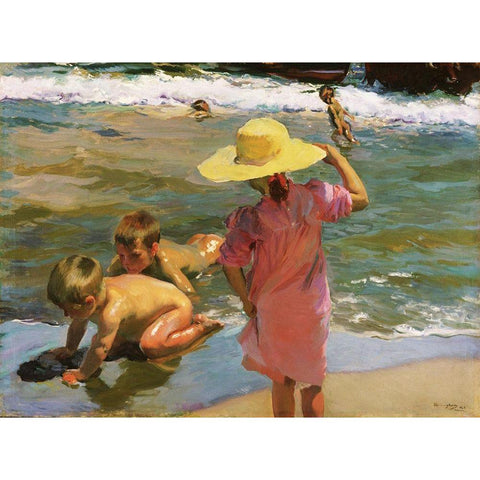 Children at the Seashore White Modern Wood Framed Art Print by Sorolla, Joaquin