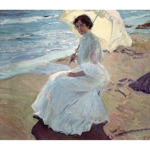 Clotilde on the Beach Gold Ornate Wood Framed Art Print with Double Matting by Sorolla, Joaquin