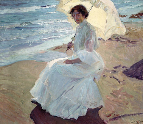 Clotilde on the Beach White Modern Wood Framed Art Print with Double Matting by Sorolla, Joaquin