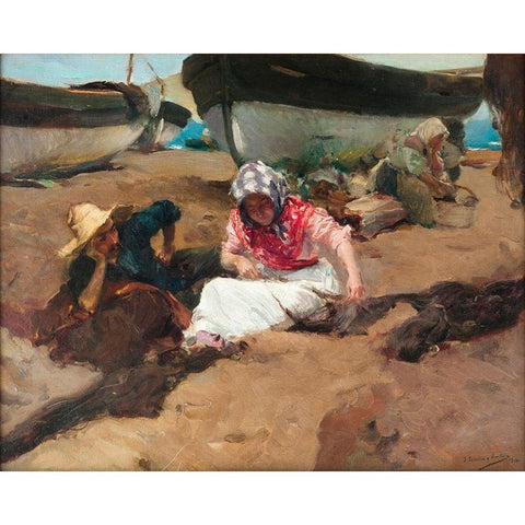 Mending the Nets White Modern Wood Framed Art Print by Sorolla, Joaquin