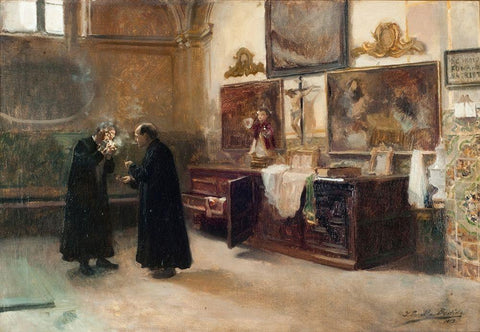 In the sacristy Black Ornate Wood Framed Art Print with Double Matting by Sorolla, Joaquin