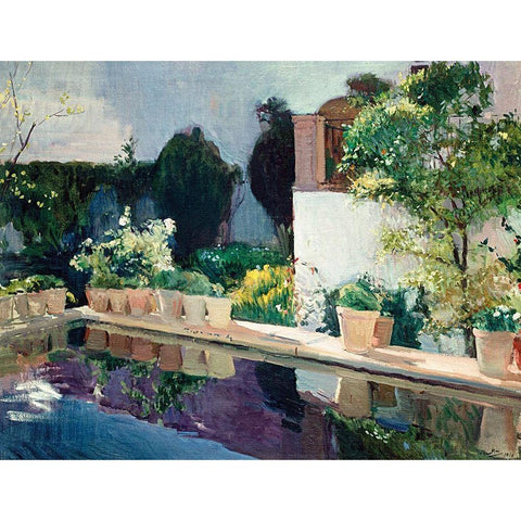 Royal Gardens in Seville White Modern Wood Framed Art Print by Sorolla, Joaquin