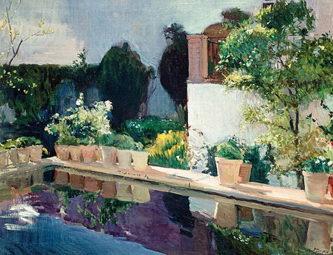 Royal Gardens in Seville White Modern Wood Framed Art Print with Double Matting by Sorolla, Joaquin