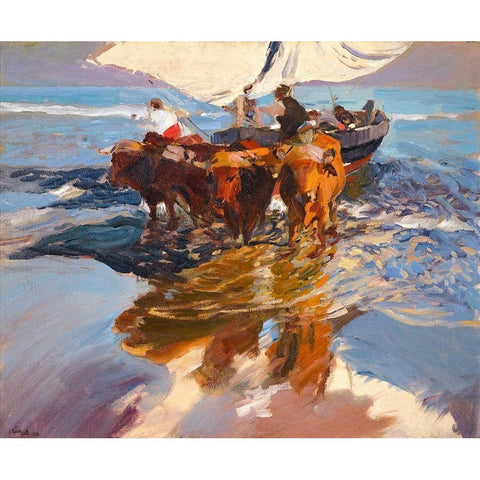 Fishing Boats Valencia Beach White Modern Wood Framed Art Print by Sorolla, Joaquin