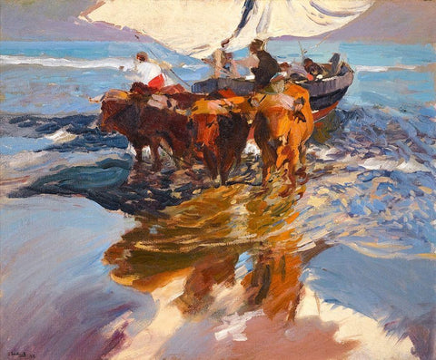 Fishing Boats Valencia Beach White Modern Wood Framed Art Print with Double Matting by Sorolla, Joaquin