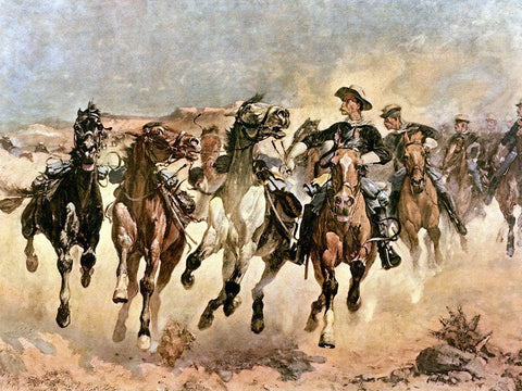 Dismounted The Fourth Troopers Moving the Led Horses White Modern Wood Framed Art Print with Double Matting by Remington, Frederic