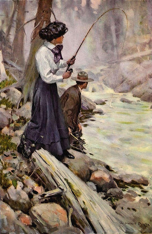 Lady Fishing from The Greater Power 1909 White Modern Wood Framed Art Print with Double Matting by Dunton, William