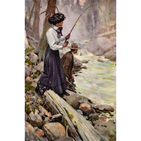 Lady Fishing from The Greater Power 1909 Gold Ornate Wood Framed Art Print with Double Matting by Dunton, William