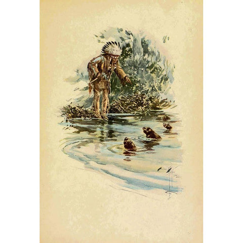 Indian and otters from The Song of Hiawatha 1906 White Modern Wood Framed Art Print by Fisher, Harrison