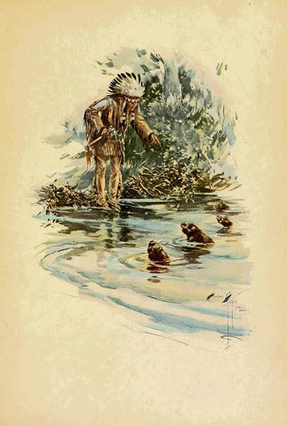 Indian and otters from The Song of Hiawatha 1906 White Modern Wood Framed Art Print with Double Matting by Fisher, Harrison