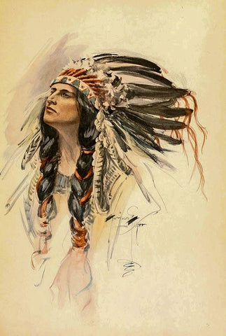 Indian with Head Dress from The Song of Hiawatha 1906 White Modern Wood Framed Art Print with Double Matting by Fisher, Harrison