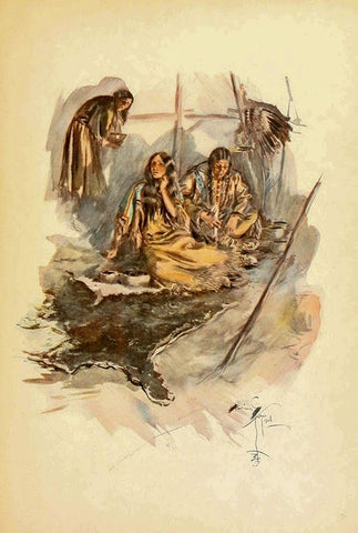 Indian women preparing food from The Song of Hiawatha 1906 White Modern Wood Framed Art Print with Double Matting by Fisher, Harrison