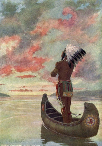 Hiawatha sailed into the fiery sunset from Story of Hiawatha 1910 Black Ornate Wood Framed Art Print with Double Matting by Kirk, Maria