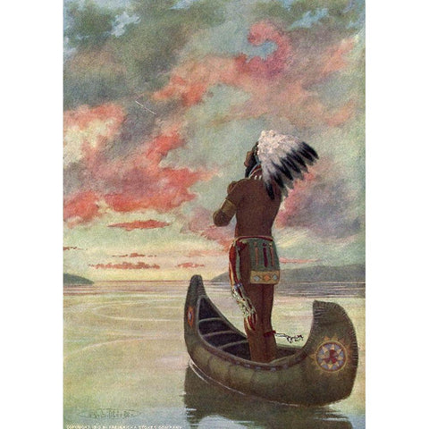 Hiawatha sailed into the fiery sunset from Story of Hiawatha 1910 Black Modern Wood Framed Art Print with Double Matting by Kirk, Maria