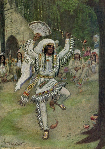 He began his mystic dances from Story of Hiawatha 1910 Black Ornate Wood Framed Art Print with Double Matting by Kirk, Maria