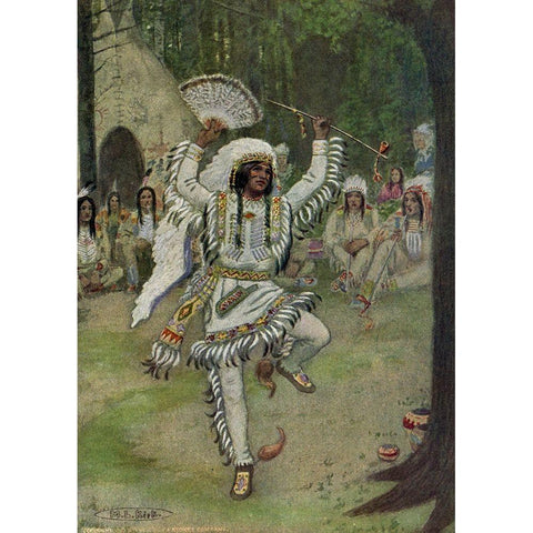 He began his mystic dances from Story of Hiawatha 1910 Gold Ornate Wood Framed Art Print with Double Matting by Kirk, Maria