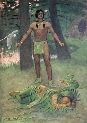 He lay there dead from Story of Hiawatha 1910 White Modern Wood Framed Art Print with Double Matting by Kirk, Maria