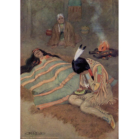 Seven long days and nights he sat there from Story of Hiawatha 1910 Gold Ornate Wood Framed Art Print with Double Matting by Kirk, Maria