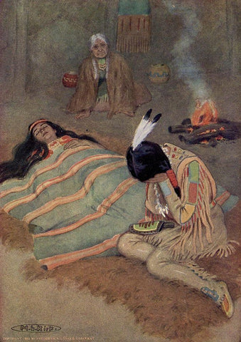 Seven long days and nights he sat there from Story of Hiawatha 1910 White Modern Wood Framed Art Print with Double Matting by Kirk, Maria