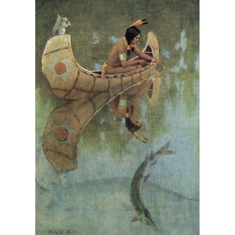 Take my bait oh king of fishes from Story of Hiawatha 1910 Black Modern Wood Framed Art Print with Double Matting by Kirk, Maria