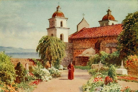 The Cemetery-Santa Barbara Mission-California 1914 White Modern Wood Framed Art Print with Double Matting by Palmer, Sutton