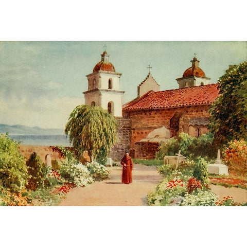 The Cemetery-Santa Barbara Mission-California 1914 White Modern Wood Framed Art Print by Palmer, Sutton