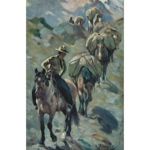 Ponies on the Trail Black Modern Wood Framed Art Print with Double Matting by Rungius, Carl