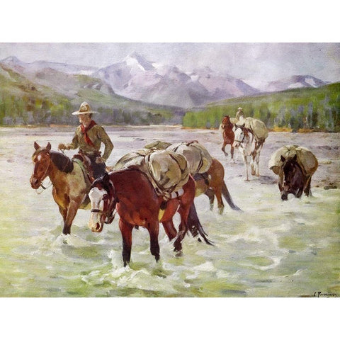 An Easy Fording Gold Ornate Wood Framed Art Print with Double Matting by Rungius, Carl