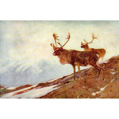 Caribou Gold Ornate Wood Framed Art Print with Double Matting by Rungius, Carl