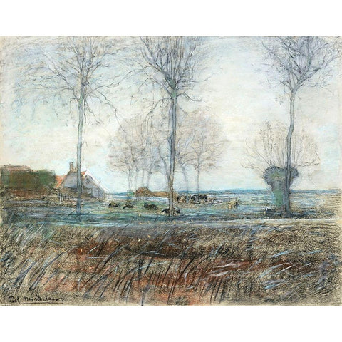 Farm Setting-Three Tall Trees in the Foreground Black Modern Wood Framed Art Print with Double Matting by Mondrian, Piet