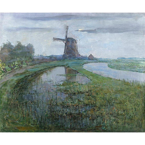 Oostzijdse Mill along the River Gein by Moonlight White Modern Wood Framed Art Print by Mondrian, Piet