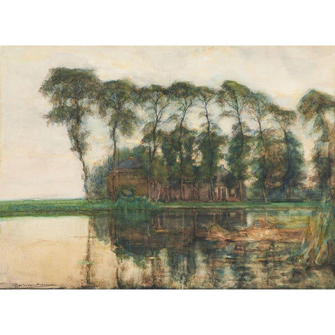 Farmstead along the water screened by nine tall trees Gold Ornate Wood Framed Art Print with Double Matting by Mondrian, Piet