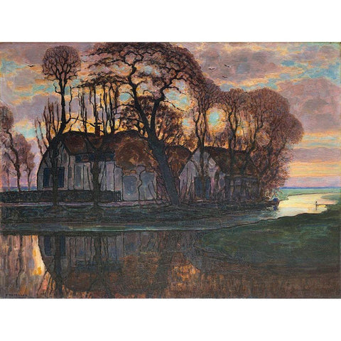 Farm Near Duivendrecht-in the Evening White Modern Wood Framed Art Print by Mondrian, Piet